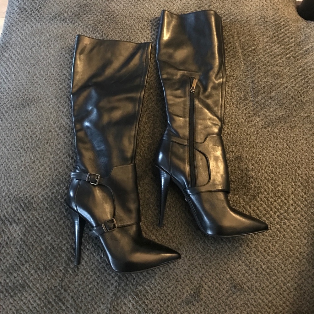 Black leather knee high boots